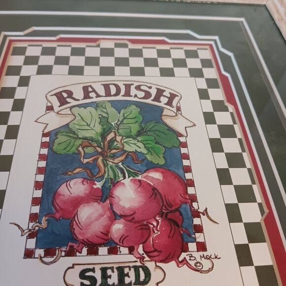 VTG Barbara Mock Radish Print Matted And Framed Green Red Black & White Checks - Picture 6 of 13